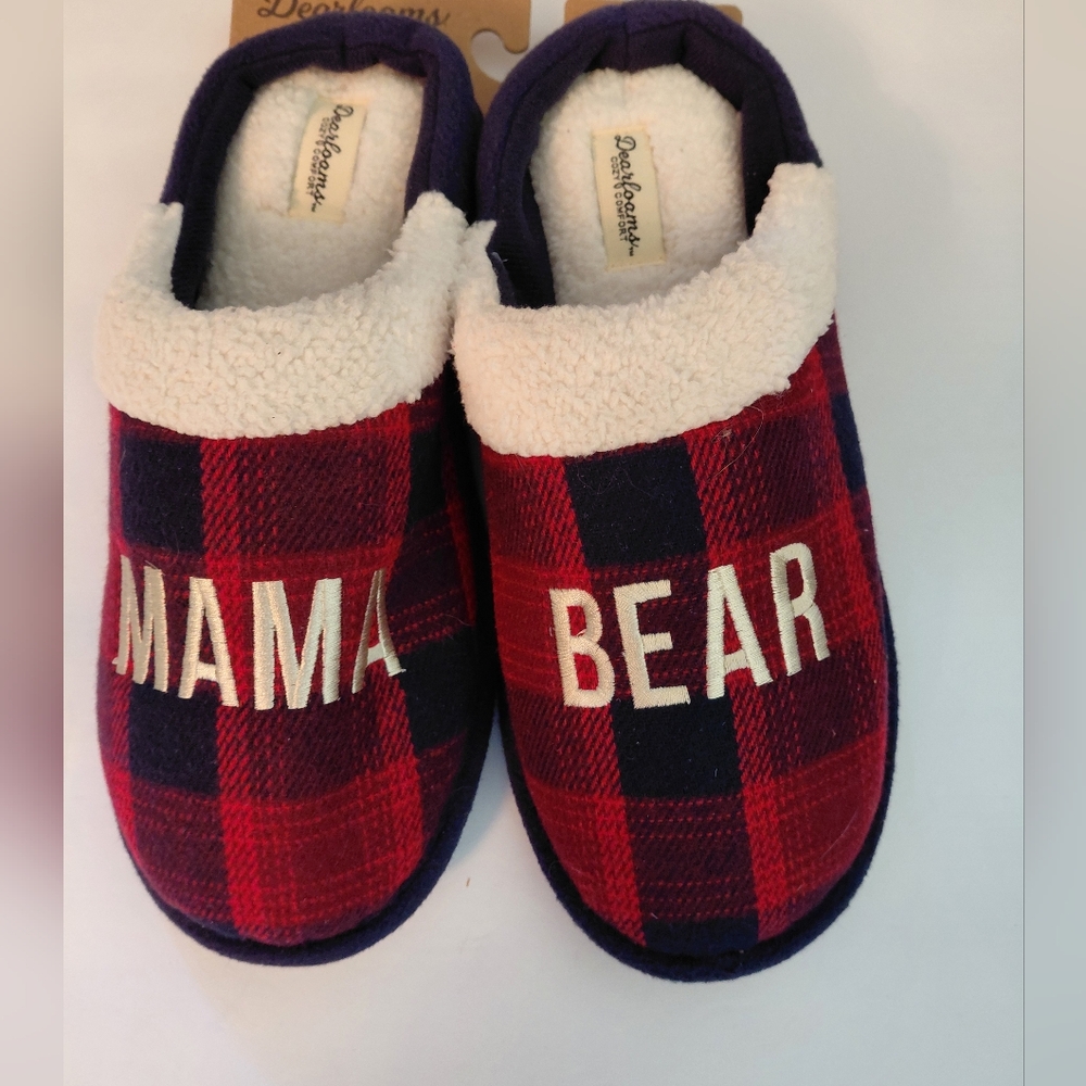 Dearfoams Mama Bear  Red and Cream Plaid Slippers Cozy Comfort Size L 9-10 NWTag